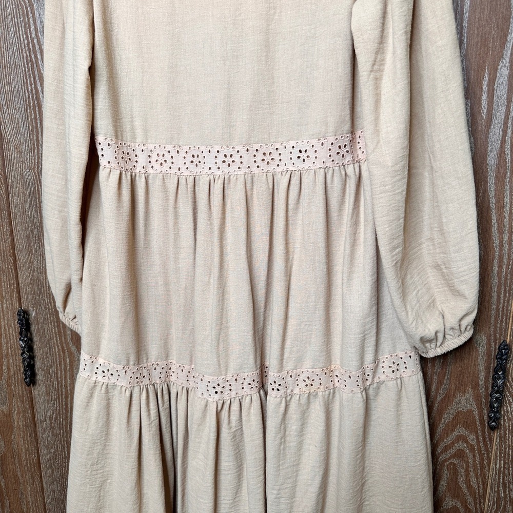 Modern Tan Farmhouse Eyelet Tiered Modest Maxi Dress Long Sleeve Women M Cottage - Picture 6 of 10